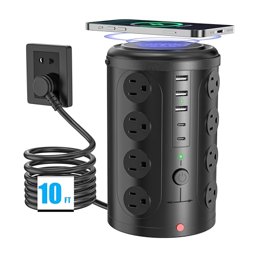 Surge Protector Power Strip,Desk Charging Station with 15W Wireless Charger, Multiple Outlets Charging Station with 16 AC Outlets & 5 USB (2 USB C) Port, for Home, Office, Dorm Room（10FT） - size: 10FT with wireless charging