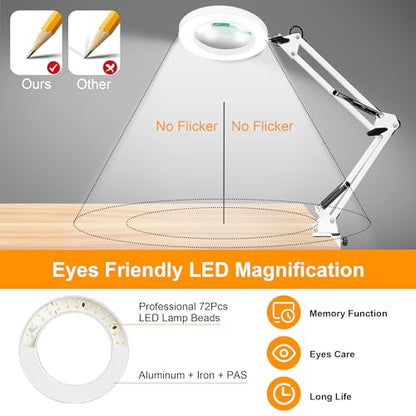 10X Magnifying Glass with Light and Stand, Magnifier with Light Hands Free, 3 Color Modes 10 Level Dimmable, Magnifying Real Glass LED Desk Lamp for Close Work, Repair, Reading, Craft, White - color: White