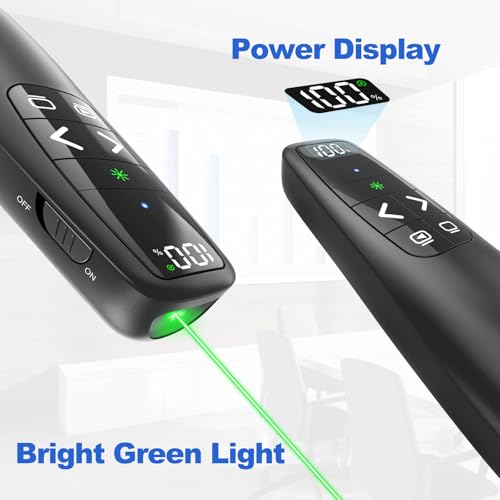 Presentation Clicker & Case, Green Laser Power Display Presenter Remote | 2‑in‑1 USB/Type C Receiver, Rechargeable Red Laser Pointer Wireless Computer PowerPoint PPT Clickers for Mac/Windows - style: Green Light & Power Display