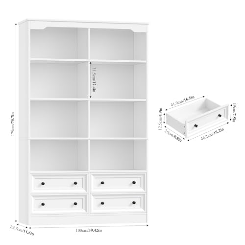 71" Tall Bookshelf with 4 Drawers White Bookshelf Office Bookcase | 6-Tier Double Wide Bookshelves and Bookcases with Storage, White Bookshelf Standing Book Cabinet for Home Office, White - color: White