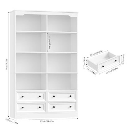 71" Tall Bookshelf with 4 Drawers White Bookshelf Office Bookcase | 6-Tier Double Wide Bookshelves and Bookcases with Storage, White Bookshelf Standing Book Cabinet for Home Office, White - color: White