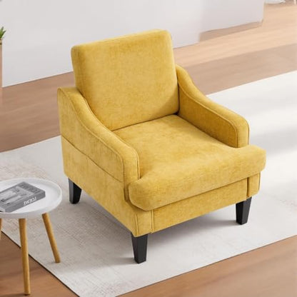 Set of 2 Accent Chair for Living Room,Mid-Century Arm Chair Chenille Fabric Living Room Chairs,Upholstered Reading Chair for Bedroom,Single Sofa Chair with Wood Legs for Apartment (Yellow) - color: Yellow