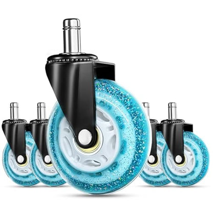 RidRed Gaming Chair Wheels - Heavy-Duty Office Chair Wheels - Replacement Rubber Casters- Universal Fit 3 Inch Chair Casters, Noise Free, Fits 98% Chair, for All Floor - color: Sparkling Sky Blue