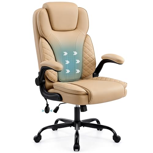 Ergonomic Office Chair, PU Leather High Back Executive Chair with Adjustable Inflatable Lumbar Support and Padded Flip-Up Arms, Recline Swivel Task Computer Chair for Home Office, Khaki - color: Khaki