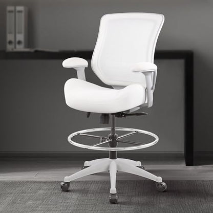 BOLISS 400lbs Mesh Ergonomic Office Drafting Chair Big Adjustable Foot Ring Height Adjustable Armrest (Wht) - color: White