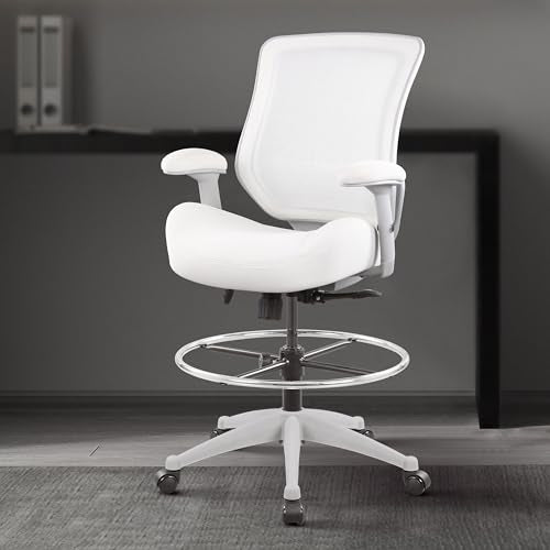 BOLISS 400lbs Mesh Ergonomic Office Drafting Chair Big Adjustable Foot Ring Height Adjustable Armrest (Wht) - color: White