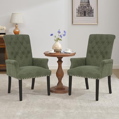 LOULENS Linen Dining Chair with Arms, Tufted Dining Room Chairs, Green | Solid Wood Legs, Nailhead Trim, Accent Chair, Kitchen Chair - color: Dark Green, size: 1 PCS