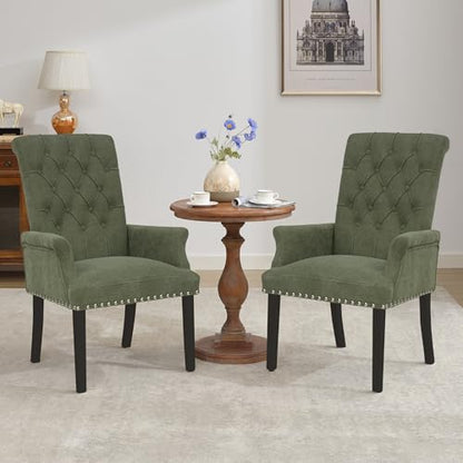 LOULENS Linen Dining Chair with Arms, Tufted Dining Room Chairs, Green | Solid Wood Legs, Nailhead Trim, Accent Chair, Kitchen Chair - color: Dark Green, size: 1 PCS