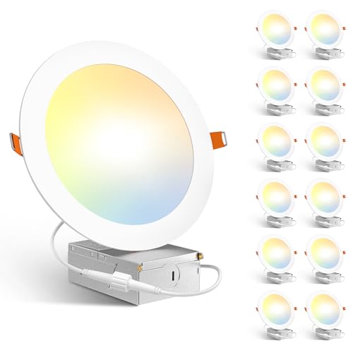 Amico 12 Pack 7 Inch LED Recessed Lighting, Canless Wafer Downlight, White | 5CCT 2700K-5000K, 5%-100% Dimmable, Ultra-thin, Metal housing, 1300LM 15W 120V, IC & Damp Rated, ETL & FCC, 50000h Life Span - color: White, size: 7 Inch