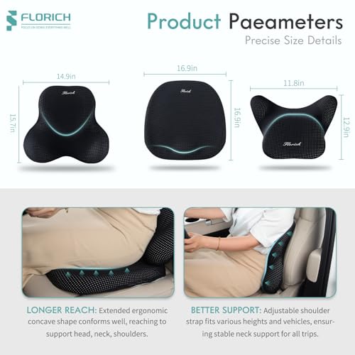 FLORICH Car Seat Cushion and Lumbar Support Pillow for Office Chair Car, Neck Headrest Pillow, Ergonomic Memory Foam, Pressure-Relieving Back Support for Car, Office Chair & Wheelchair – Black - color: Black, size: 3 Pieces