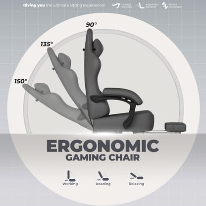 GTPLAYER Big and Tall Gaming Chair 400lbs Heavy Duty Office Chair with Footrest, High Back Pocket Spring Ergonomic Computer Chair for Adults, Wide Seated Cushion with Linkage Armrests, Leather Grey - color: Dark Grey
