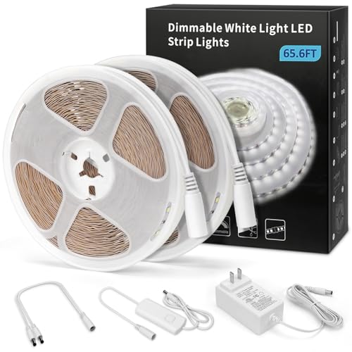 MYPLUS 65.6FT White Strip Lights, Dimmable LED Tape Light 6500K Bright Daylight White, Flexible Under Cabinet Lights with 1200 LEDs and UL Listed Safety Power Supply for Room,Kitchen and décor - color: Cold White/6000K, size: 65.6FT/20M