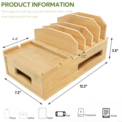 ZOOFOX Bamboo Charging Station for Multiple Devices, Desk Docking Station with Removable Divider Slots and Drawer, Bedside Charging Station Compatible with Smartphone, Tablet, Laptop, Earphone