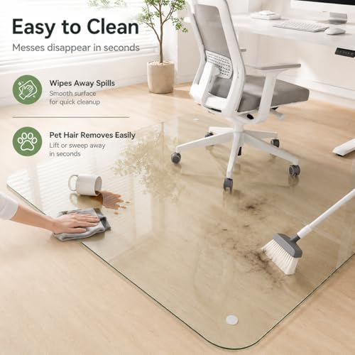 46 x 55 Inch Glass Chair Mat, 1/5 Inch Thick Tempered Glass Office Chair Mat for Carpet and Hardwood Floors, Heavy Duty Clear Floor Protector with Polished Edges and 8 Non-Slip Pads - size: 55" x 46"