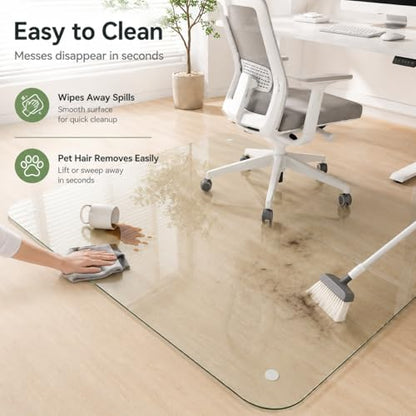 46 x 55 Inch Glass Chair Mat, 1/5 Inch Thick Tempered Glass Office Chair Mat for Carpet and Hardwood Floors, Heavy Duty Clear Floor Protector with Polished Edges and 8 Non-Slip Pads - size: 55" x 46"