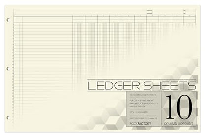 10 Column Accounting Ledger Sheets, 17'' x 11'', 50 Pages | Large Columnar Loose Leaf Paper, 3-Hole Punched - Made in USA - size: 10 Column, style: Loose Leaf Sheets