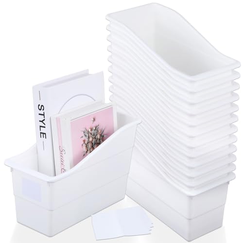 gisgfim 12 Pack Large Book Bins with Labels (White) | Durable Plastic,Stackable Magazine Organizer,Storage Bins for Classroom,Library,Office,Bookshelf Categorization - color: White