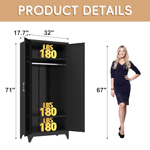 Steeloong 71"Armoire Wardrobe Close,Black Wardrobe Cabinet with Hanging Rod | Metal Closet Cabinet with Doors and Adjustable Shelves,Freestanding Clothing Storage Cabinets for Bedroom Office,Gym,Hospital - color: Black, style: 71"H Wardrobe