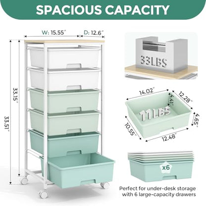 6 Drawer Rolling Storage Cart with Wooden Top and Wheels for Crafts,Green - color: Green