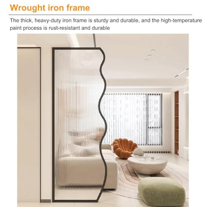 Translucent Glass Room Divider with Metal Frame, Freestanding Partition for Home Office Decoration