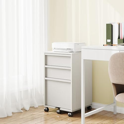 Garvee Rolling File Cabinet with 3 Drawers, Wood Mobile Filing Cabinet for Home Office, Under Desk Printer Stand with Wheels, Large File Drawer, 2 Locking Casters, White - color: White