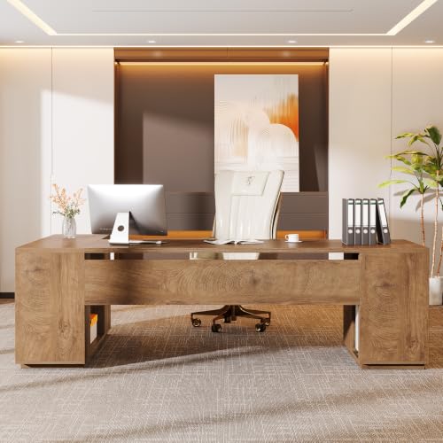 Tribesigns 85.8-Inch L-Shaped Executive Desk, Extra Large Home Office Desk - color: Natural Oak