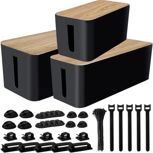 128PCS Cable Management Box 3Pack Cable Management Kit for Power Strip to Hide Wires,Cord Hider Boxes,Cord Box Safe ABS Material Wire Organizer of Cable Clips Sleeve for Home & Office, Black - color: Black