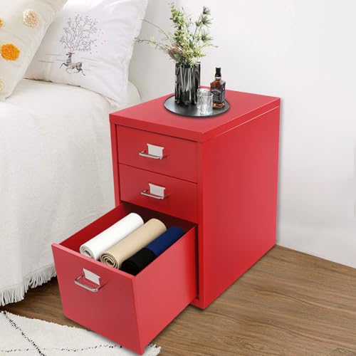 3 Drawers File Cabinet, 16 * 11 * 18.9In Aluminum Alloy Mobile Filing Cabinet Rolling Filing Cabinets Rectangular Storage Cabinets with Lock&4 Wheels for Kitchen Bedroom Living Room (Red) - color: Red