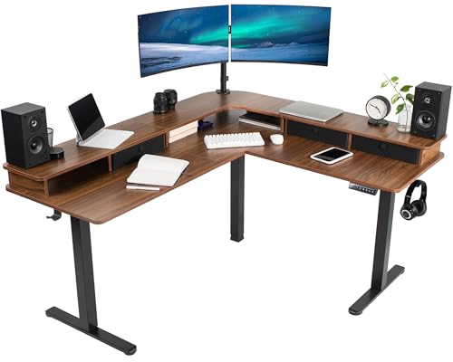 VIVO Corner Standing Desk - color: Dark Walnut Top / Black Frame, size: 63" x 55"