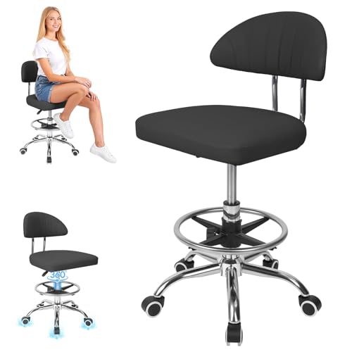 Height Adjustable Drafting Chair for Home Office Studio, 360 Swivel Rolling Computer Stool with Backrest and Footrest, Ergonomic Metal Task Seating, 220lbs Capacity, Black Black