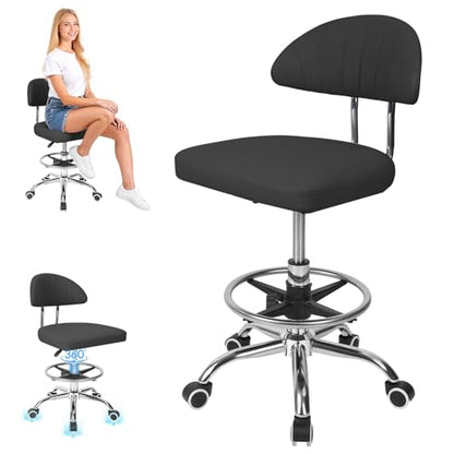 Height Adjustable Drafting Chair for Home Office Studio, 360 Swivel Rolling Computer Stool with Backrest and Footrest, Ergonomic Metal Task Seating, 220lbs Capacity, Black Black