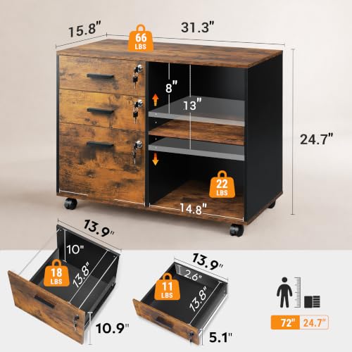 DEVAISE 3-Drawer File Cabinet with Lock, Wood Filing Cabinet, Rustic Brown | Rolling Printer Stand, Office Cabinet, Open Storage Shelves, Letter & A4 Compatible, Home Office, Under Desk Storage - color: Rustic Brown