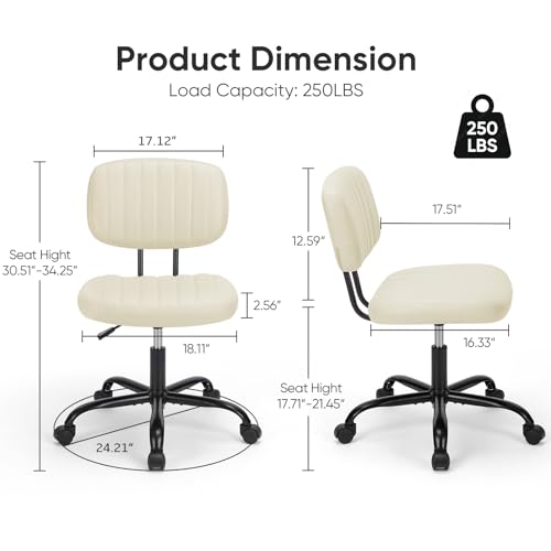 DUMOS Armless Home Office Chair: Small Desk Chair with Low Back Lumbar Support, Height Adjustable PU Leather Computer Task with 360° Swivel Wheels, for Adults, Beige - color: Beige