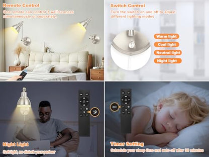 GOODATE 1 Pack Plug in Wall Sconce with Remote Control, Dimming, Adjustable Colors 2700K-6500K, Plug in Wall Light, Swing Arm Wall Lamp with Night Light & Timer, LED Bulb Included, Brushed Nickel - size: Brushed Nickel-1 PACK(Bulb+Remote)