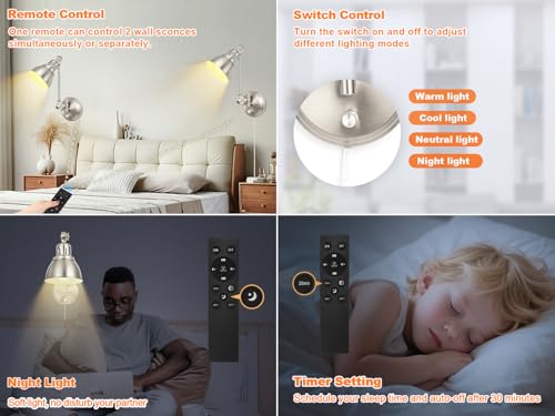 2 Pack Plug in Wall Sconces with Remote Control, Dimming, Adjustable Colors 2700K-6500K, Swing Arm Wall Lamps with Night Light & Timer, Plug-in or Hardwired, LED Bulbs Included, Brushed Nickel - size: Brushed Nickel-2 PACK(Bulbs+Remote)