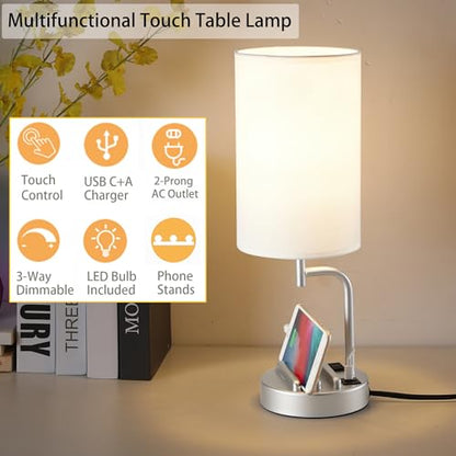 Dreamholder Touch Control USB Table Lamp, Upgraded 3-Way Dimmable Bedside Desk Lamp with USB C & A Charging Ports and AC Outlet, Nightstand Lamp for Bedroom, Dimmable Bulb Included, Silver - style: White shade+Silver base