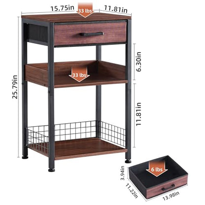 Lerliuo Printer Stand with Storage, 3-Tier Printer Table, Walnut | Fixed-leg three-tier printer stand with fabric drawer and two shelves for paper, ink, office supplies and compact scanners - color: Walnut