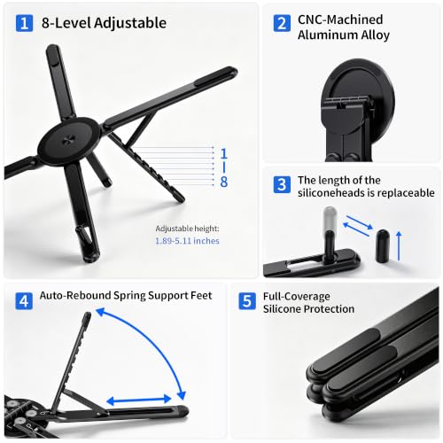 Portable Laptop Stand, 3-in-1 Magnetic Foldable Adjustable, for Desk（Black） | Aluminum alloy, lightweight compact, 8-level height, ergonomic, for phone/tablet, home office/travel - color: E05S-Black