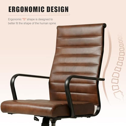 Okeysen Genuine Leather Office Desk Chair, Mid-Century Modern Real Leather Conference Room Chairs, Ergonomic Executive Ribbed Height Adjustable Swivel Rolling Chair for Home Office. - color: Genuine Brown