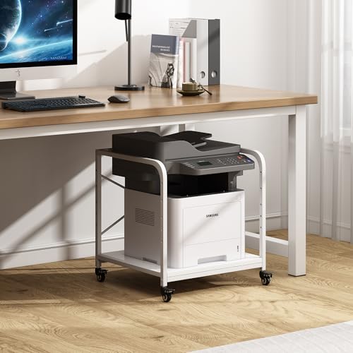 Fannova Large Printer Stand for Under Desk Storage, Adjustable Top Shelf | Table Top 20"x20", Fits 3D/Laser Printer, Easy Roll Industrial Wheels, Heavy Duty 2 Tier Printer Cart for Home Office, White - color: White