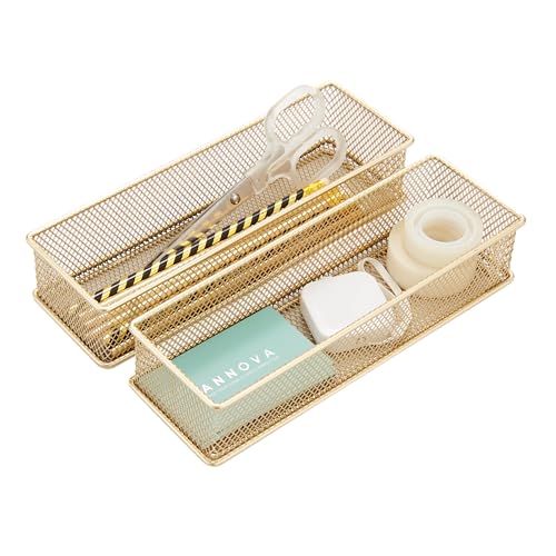 Annova Mesh Stackable Drawer Cabinet and Shelf Organizer Bins Storage Basket School Office Supply Holder Tray- Set of 2 (Gold, 3x9x2 Inch) - color: Gold, size: 3x9x2 Inch