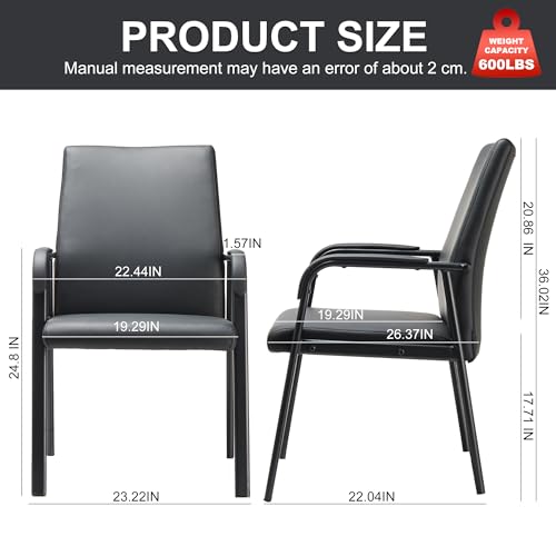 2 Pack Leather Guest Office Desk Chair No Wheels 600 lbs Capacity | Modern High Back Black Reception Guest Conference Room Waiting Room Chairs with Padded Armrests for Seniors - size: 2 PACK
