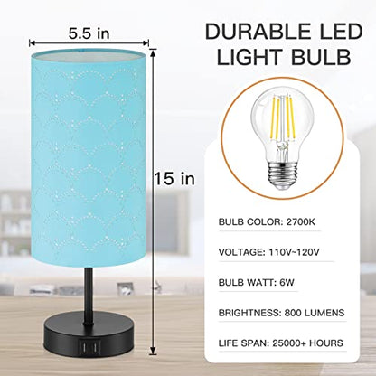 CINSARY Touch Control Bedside Lamp with 2 USB Ports, 3-Way Dimmable Table lamp for Bedroom, Nightstand Lamp with Round Blue Fabric Shade for Living Room Home Office (E26 LED Bulb Included) - color: Blue