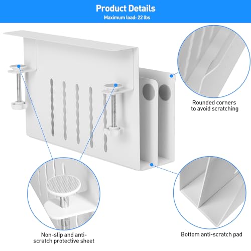 MAXECHO Desk Side Storage, Under Desk Laptop Mount, Table Side Hanging File Organizer, No Drill Clamp On Cable Management Tray, Laptop Holder with Magnetic Pen Holder for Office and Home, Load 22 Lbs - color: White