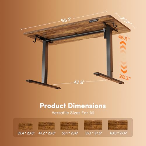 DESINO Standing Desk, 55 × 28 Inches Electric Height Adjustable, Sit and Stand Up, Computer Office Desk with Splice Board, Black Frame/Rustic Brown TOP - color: Rustic Brown, size: 55x28