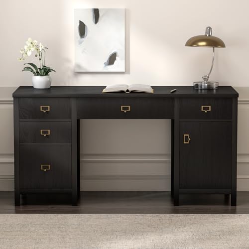 EYYTHUNG 59" Executive Desk with File Drawers Cabinet, Modern Computer Desk with Charging Station, Keyboard Tray, Large Home Office Desk, Farmhouse Wood Desk for Study, Writing, Black - color: Black