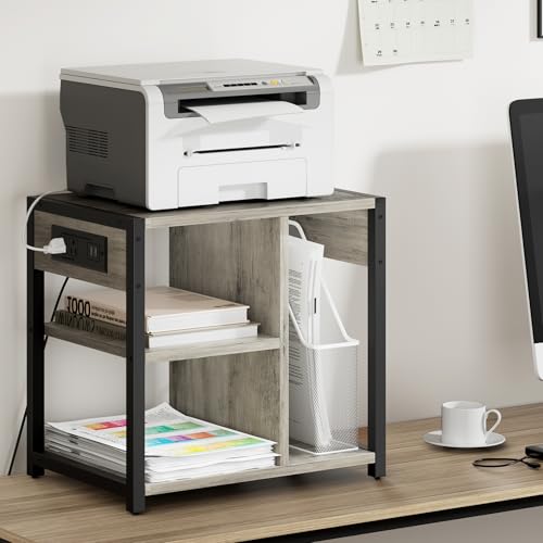 Garvee 3-Tier Printer Stand, Rolling Under Desk Printer Cart with Lockable Wheels, Industrial Mobile Printer Table with Power Outlets, USB Ports & Paper Storage Shelf for Home, Office, Retro Gray - color: Retro Gray