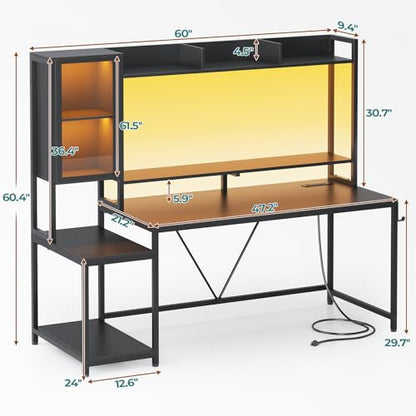 SEDETA 60'' Gaming Desk with Storage, Hutch, Display Cabinet and LED Lights - color: Black