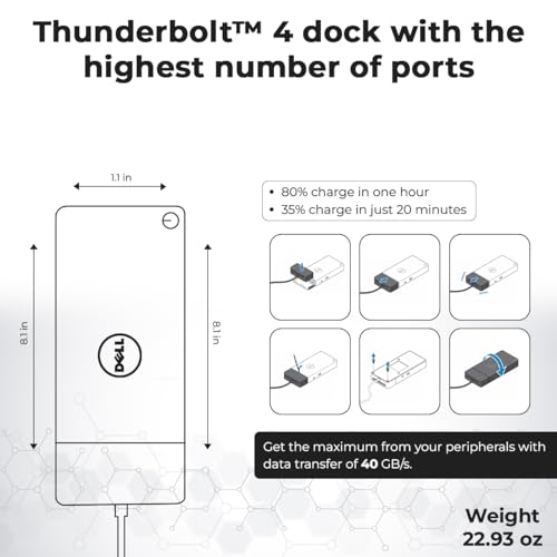 Dell WD22TB4 Thunderbolt 4 Dock - 1 Year Warranty, 40Gbps USB-C/USB A, Dell Docking Station w/ 180W Adapter, HDMI, DisplayPort, USB-C Cables - Supports 4K Displays & Upto 3 Monitors (Renewed)