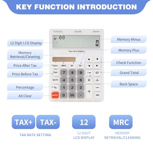Desktop Calculator Large Display Big Buttons with 12 Digits 2-line | Solar Power and Battery, Accounting Calculator with Tax and Check Function for Office, Home and Business (OA-608) - size: OA-608